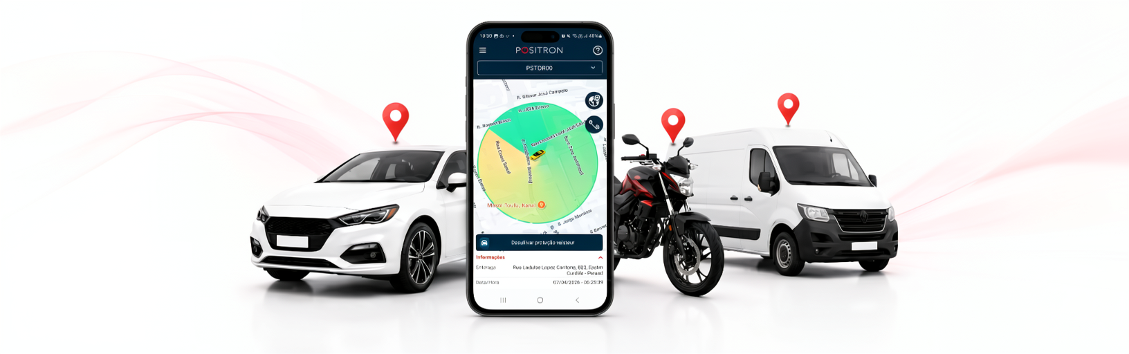 Aplicativo Pósitron de rastreamento com carro, moto e van ao fundo