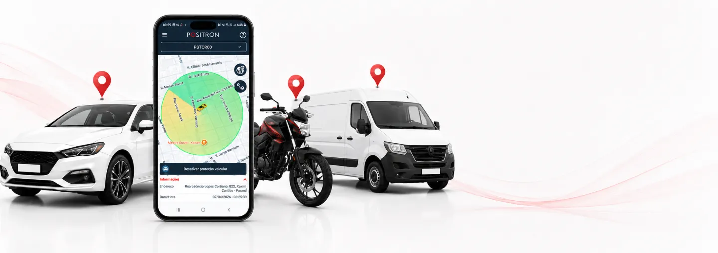 Aplicativo Pósitron mostrando a localização do veículo, com carro, moto e van ao fundo