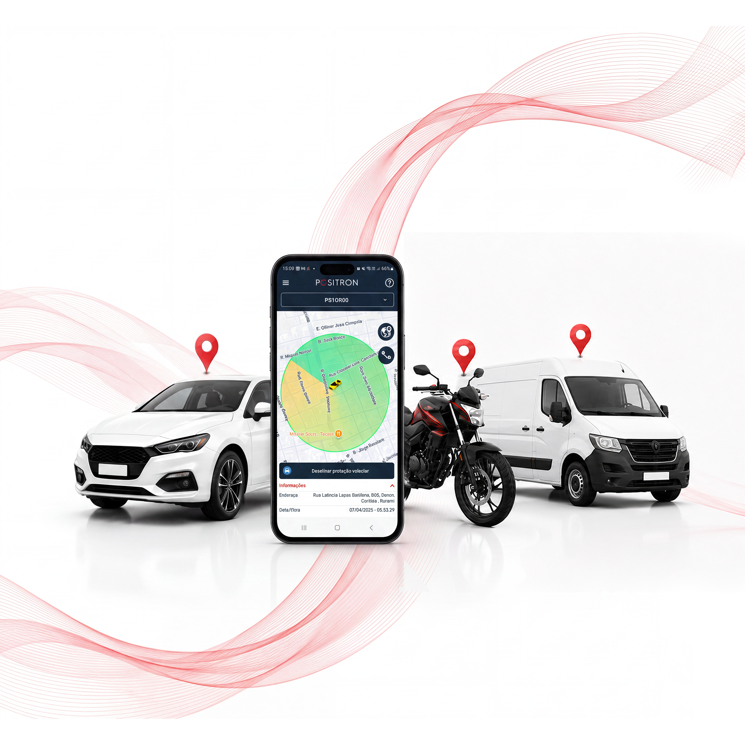 Aplicativo Pósitron de rastreamento com carro, moto e van ao fundo