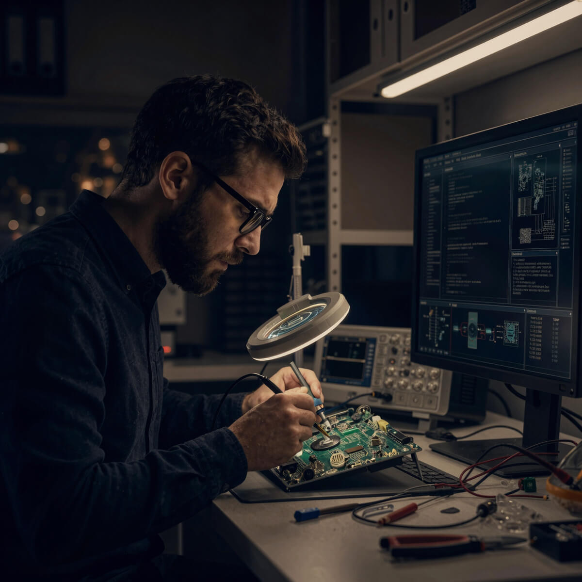 Engenheiro inspecionando placa eletrônica em laboratório da Pósitron