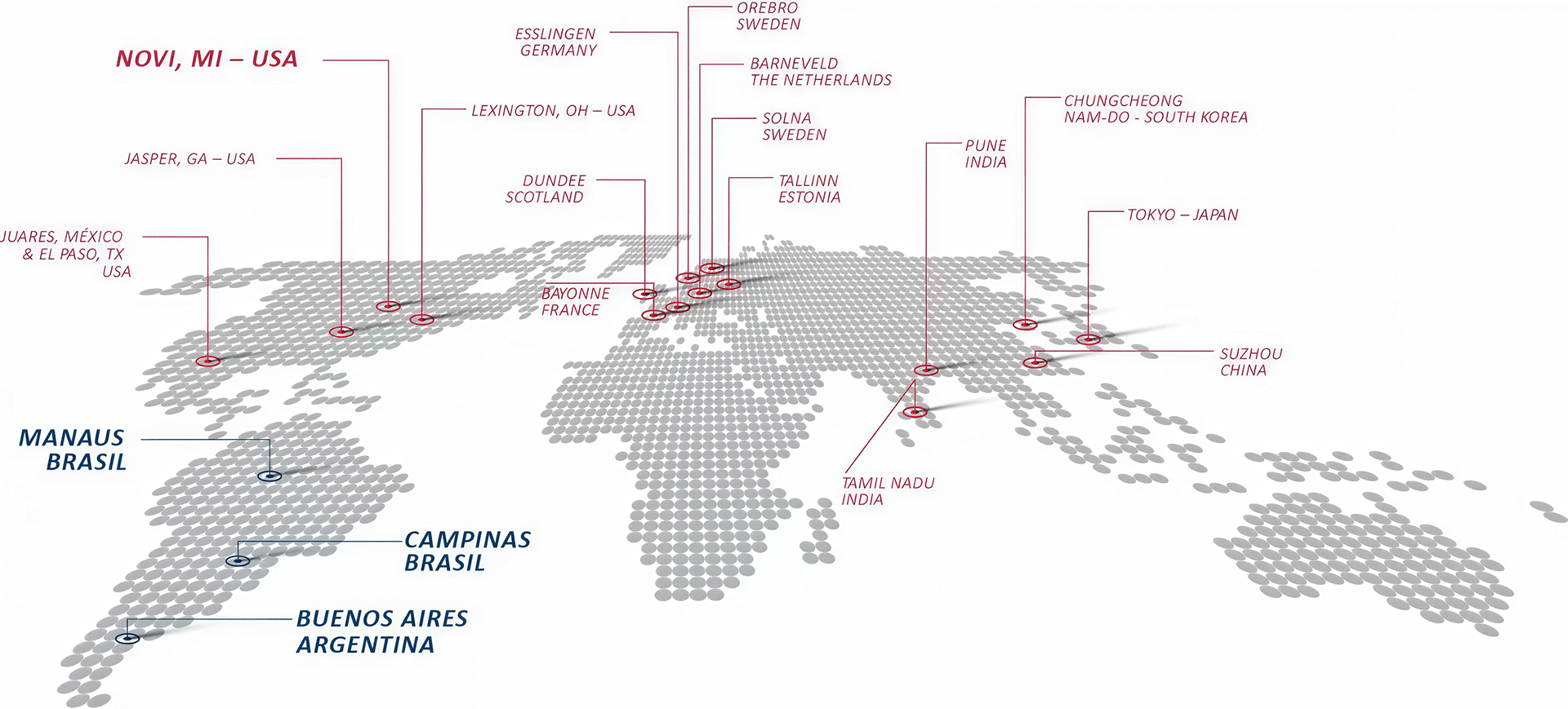 Mapa mundi pontilhado destacando a presença global da Stoneridge